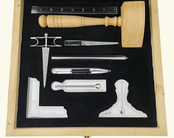 Masonic Working Tool Set – Full Size Brass in Silver/Gold Finish – Natural Pine Wood Case with Black Velvet Interior