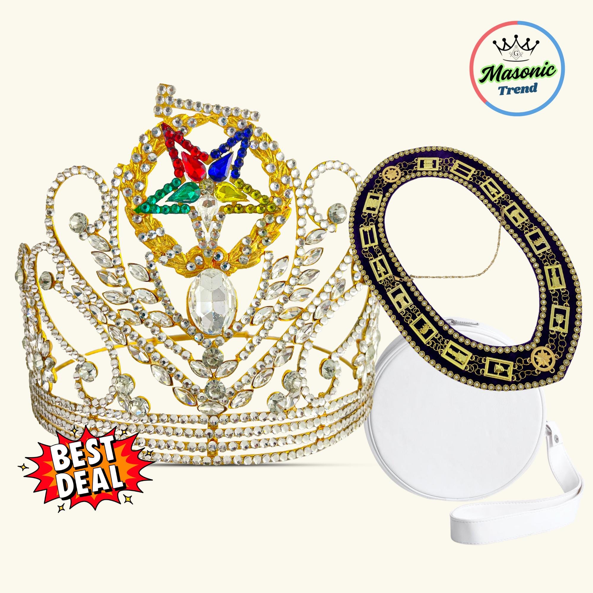Masonic OES Crown Big Style and OES Chain Collar with Purple Velvet Backing and Gold Tone, Best Offer Crown with Case