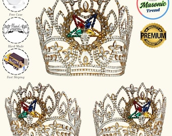 OES Crown, Latest Style Masonic Freemason Order Of Eastern Star Crown with Wreath Gold tone and Adjustable Fitting with Case