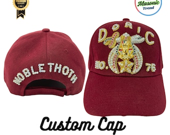 Masonic Custom Baseball Cap, DORIC Temple name in Hand Embroidered 1-Rows Work with Rhinestones Adjustable fitting