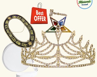 Masonic OES Crown and OES Chain Collar in Gold tone with Purple Velvet Adjustable Fitting Crown and Collar Best Offer with Case