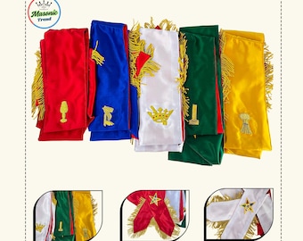 OES Sash Set Hand Embroidery Bullion Work, Order Of Eastern Star Five Sashes Set Premium quality work at Silk with red satin Lining