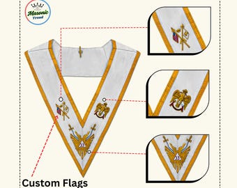 33rd Degree Scottish Rite Collar - White Ribbon with Gold Bullion Embroidery with Custom Flags