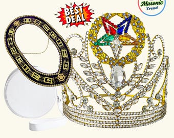 OES Crown, Masonic Freemason Order Of Eastern Star Crown with Wreath and OES Chain Collar with Purple Velvet and Gold tone with Case