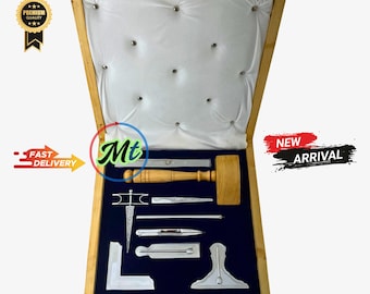 Masonic Working Tools Box – Full Size Brass in Silver Finish – Pine Wood Case with Blue Velvet Interior