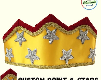 HOJ Satin Crown with Red Velvet Lining Custom Star and Top Pointe in Hand Embroidery work Adjustable Fitting in Best Quality