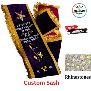 Masonic OES Custom Sash with Rhinestones Hand Embroidery Work on Purple velvet with rhinestones. Custom sash for every lodge (am/pm/wm/pwm)
