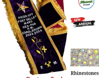 Masonic OES Custom Sash with Rhinestones Hand Embroidery Work on Purple velvet with rhinestones. Custom sash for every lodge (am/pm/wm/pwm)