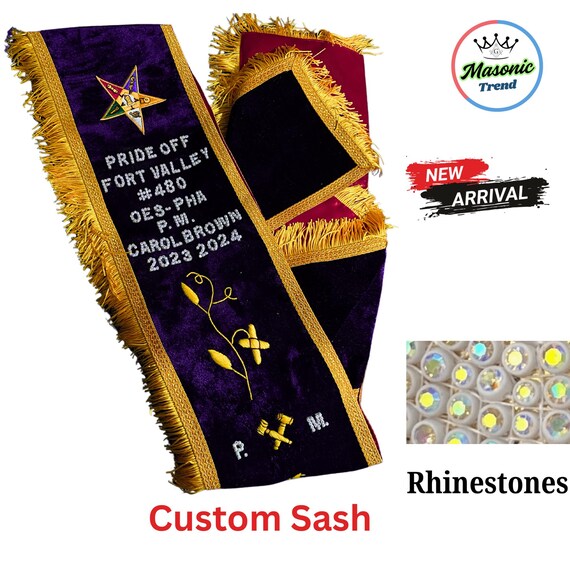 Masonic OES Custom Sash with Rhinestones Hand Embroidery Work on Purple velvet with rhinestones. Custom sash for every lodge (am/pm/wm/pwm)
