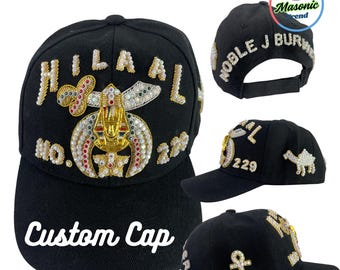 Masonic Custom Baseball Cap, HILAAL Temple name in Hand Embroidered 1-Rows Work with Rhinestones Adjustable fitting