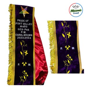 Masonic OES Custom Sash with Rhinestones Hand Embroidery Work on Purple velvet with rhinestones. Custom sash for every lodge (am/pm/wm/pwm)