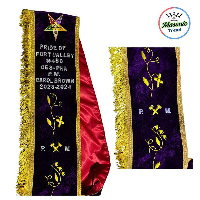 Masonic OES Custom Sash with Rhinestones Hand Embroidery Work on Purple velvet with rhinestones. Custom sash for every lodge (am/pm/wm/pwm)