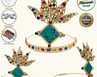 OES Masonic Crown with Square Turquoise Gemstone – Adjustable Fitting + Crown Case