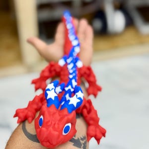 Articulated USA Dragon | 3D Printed Poseable Red White Blue Dragon Toy | Patriotic Collectible Gift | Shelf Display or Desk Decor