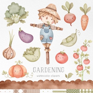 May include: A watercolour illustration set with a scarecrow, vegetables, and patterned backgrounds. The scarecrow wears a straw hat and dungarees. Vegetables include broccoli, aubergine, onion, pumpkin, tomato, and peas. The text "GARDENING" is displayed.