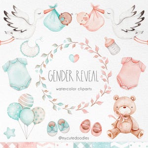 Clipart ad acquerello per rivelazione del sesso, decorazioni per la cameretta del bambino, articoli per feste rosa e blu, clipart per baby shower, benvenuto bambino, inviti stampabili
