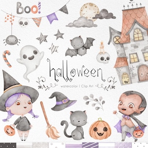Peut inclure: Illustration à l'aquarelle sur le thème d'Halloween. Comprend une sorcière, un vampire, un fantôme, un chat noir, une citrouille, des chauves-souris et une maison hantée. Le mot "Halloween" est écrit dans une police décorative. Palette de couleurs pastel.