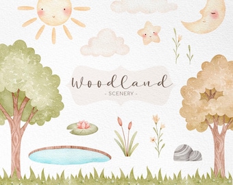Woodland green scenery watercolor clipart, Forest trees watercolor trees png, Fall landscape, Pond and green scene, nursery wall decor