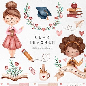 Imágenes prediseñadas de acuarela "Querido Maestro", ilustraciones de regalos para el Día del Maestro, lindas pegatinas para el maestro, imprimibles para diarios basura y álbumes de recortes.