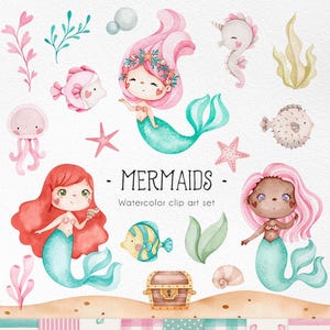 Süße Meerjungfrauen Aquarell Clipart, Unterwassertiere, Babyparty, Babyfisch, süße kleine Meerjungfrau in Bonbonfarbe, Pastellrosa Meerjungfrau