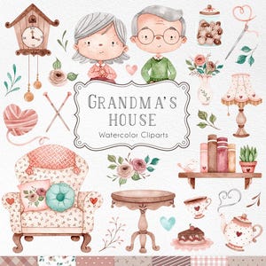 Puede incluir: Conjunto de imágenes prediseñadas de acuarela "Grandma's House" con ilustraciones de una pareja de ancianos, muebles y elementos decorativos. Incluye un reloj, un sillón, una mesa, una tetera y varios patrones en tonos rosa y marrón.