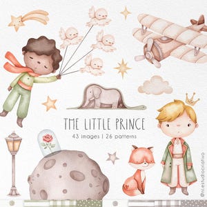 Clipart de acuarela de El Principito, imprimible de El Principito, imprimible de fiesta infantil del Príncipe, adorables amigos zorro y rosa, cuento de hadas