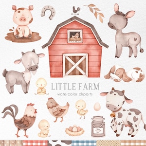 Clipart de acuarela de Pequeña Granja, Baby Shower de Animales Lindos, Clip Art de Granjeros, Caballo, Cerdo, Vaca, Pato, Animales Bebé, Granero, Decoración de Pared para Habitación Infantil
