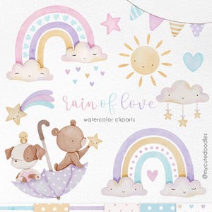 Aquarelle « Pluie d'amour », arc-en-ciel pastel, jolis graphismes météo, décoration de chambre d'enfant couleur bonbon, jolis imprimés pour une fête au soleil