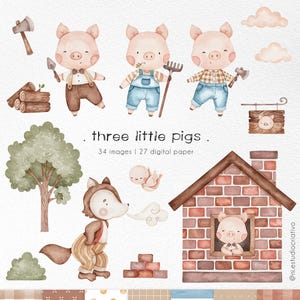 Clipart de acuarela de los Tres Cerditos, acuarela de cuento de hadas, ilustración de casitas, cerdito lindo, lobo enojado kawaii, personajes lindos