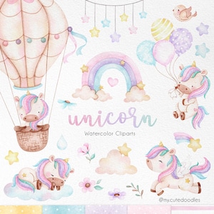 かわいいユニコーンの水彩画のクリップアート、即時ダウンロード、虹のクリップアート、魔法のユニコーンのグラフィック、キャンディーカラー、パーティー用品