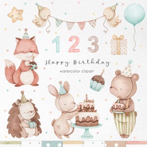 ハッピーバースデー水彩画クリップアート、誕生日クリップアート、月間成長アートワーク、ベビーシャワーギフト、風船と動物png、ケーキ、キャンディー