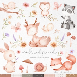 Clipart de acuarela de animales del bosque, clipart bohemio del bosque, adorables animales bebés, baby shower del bosque, animales del bosque bohemio, guardería del bosque