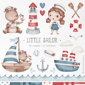 Clipart acquerello di un piccolo marinaio, Clipart di un simpatico orsetto marinaio, Clipart per cameretta nautica, Primo compleanno in marina,