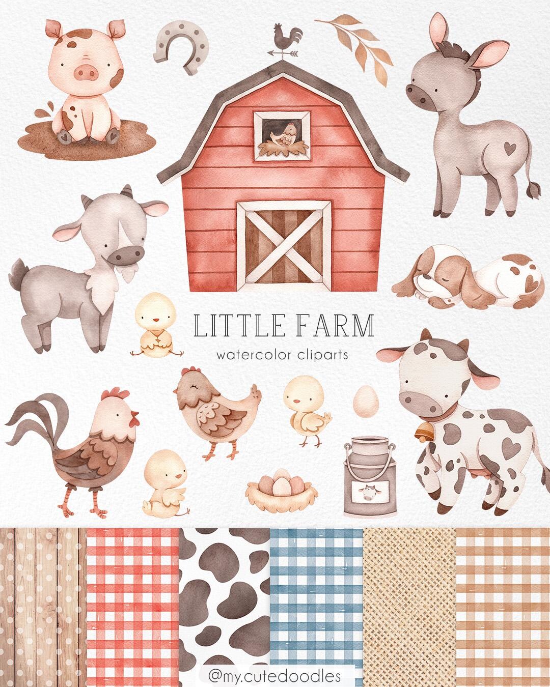 Little Farm Watercolor Clipart, Cute Animals Baby Shower, Farmers Clip ...