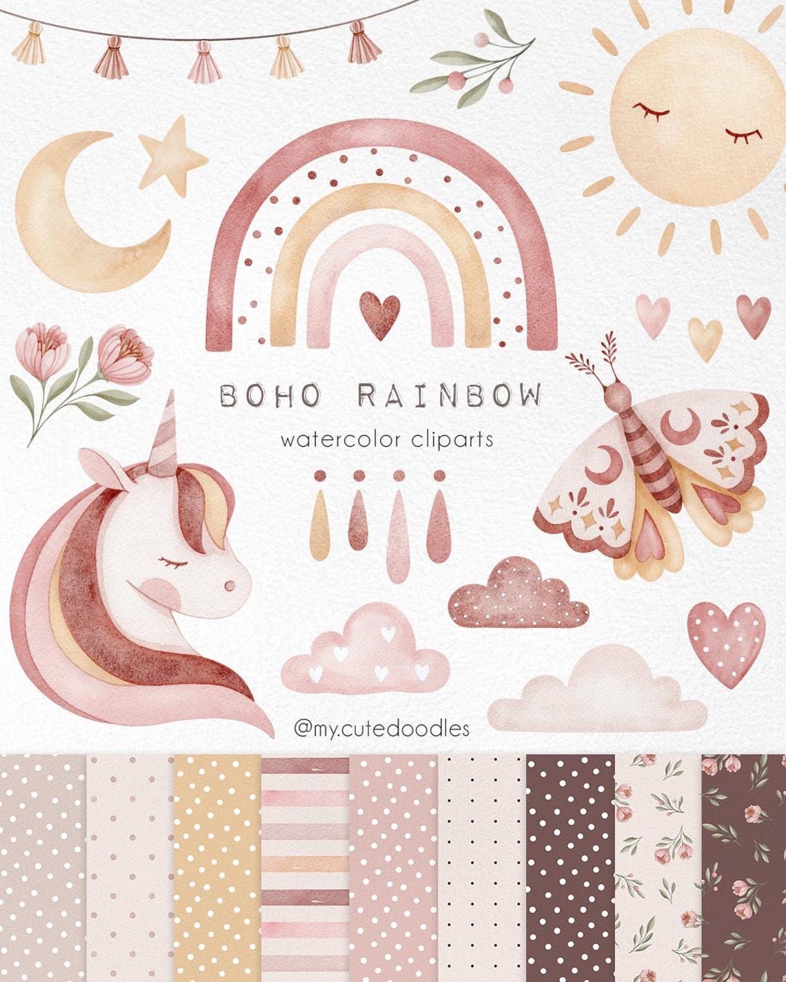 Boho Rainbow Watercolor Clipart, Instant Download, Rainbow Clip Art ...