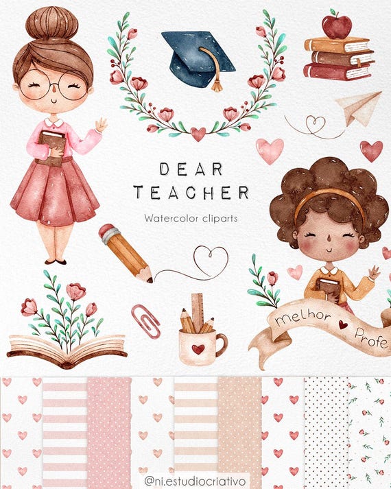 Dear Teacher watercolor clipart, Teacher's Day gifts illustrations, Cute Teacher Sticker Planners, Scrapbook junk journal printables