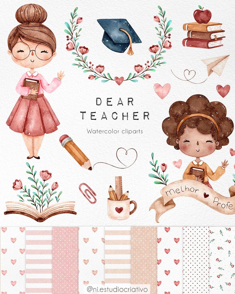 Puede incluir: Conjunto de im&aacute;genes predise&ntilde;adas de acuarela con ilustraciones de profesores, libros, l&aacute;pices y corazones. Incluye un birrete, una corona floral y fondos estampados. El texto dice "Dear Teacher" y "Watercolor cliparts".