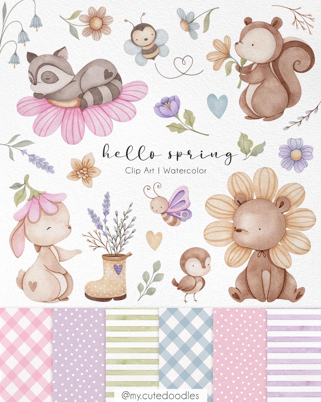 Spring Watercolor Clipart, Floral Spring Wall Art Decor, Cute Woodland ...