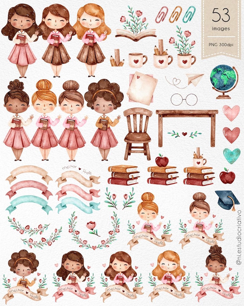 Puede incluir: Ilustraciones en acuarela con tem&aacute;tica escolar. La imagen incluye profesoras, libros, &uacute;tiles escolares y elementos decorativos. El texto "53 images" y "PNG 300dpi" son visibles. Los colores son suaves y delicados.