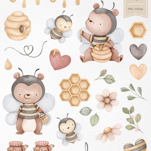 K&ouml;nnte beinhalten: Aquarellillustrationen von Bienen, Waben, Herzen, Blumen und Honigt&ouml;pfen. Das Bild enth&auml;lt ein Banner mit tropfendem Honig und das Wort "bee" in Schreibschrift. Das Bild enth&auml;lt auch den Text "25 images" und "PNG 300dpi".