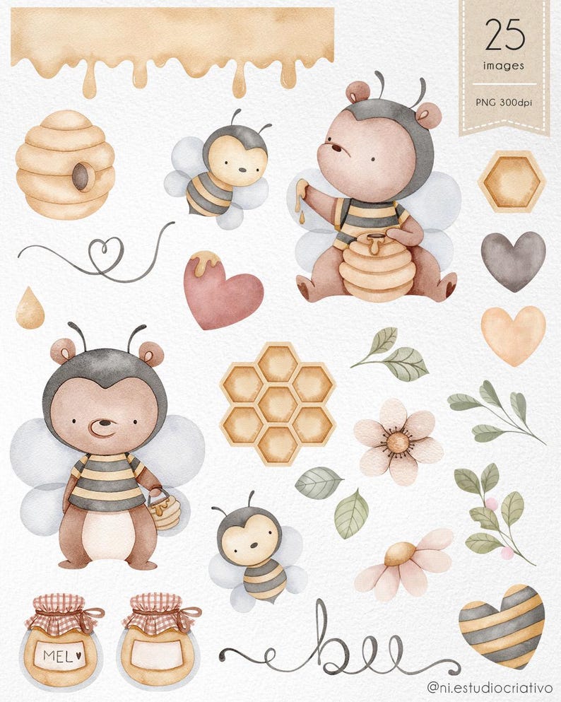 K&ouml;nnte beinhalten: Aquarellillustrationen von Bienen, Waben, Herzen, Blumen und Honigt&ouml;pfen. Das Bild enth&auml;lt ein Banner mit tropfendem Honig und das Wort "bee" in Schreibschrift. Das Bild enth&auml;lt auch den Text "25 images" und "PNG 300dpi".