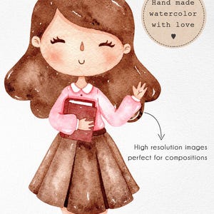 Puede incluir: Ilustraci&oacute;n en acuarela de una ni&ntilde;a de dibujos animados con cabello casta&ntilde;o, vistiendo una camisa rosa y una falda marr&oacute;n, sosteniendo un libro rojo. La imagen incluye el texto "Hand made watercolor with love" y "High resolution images perfect for compositions".