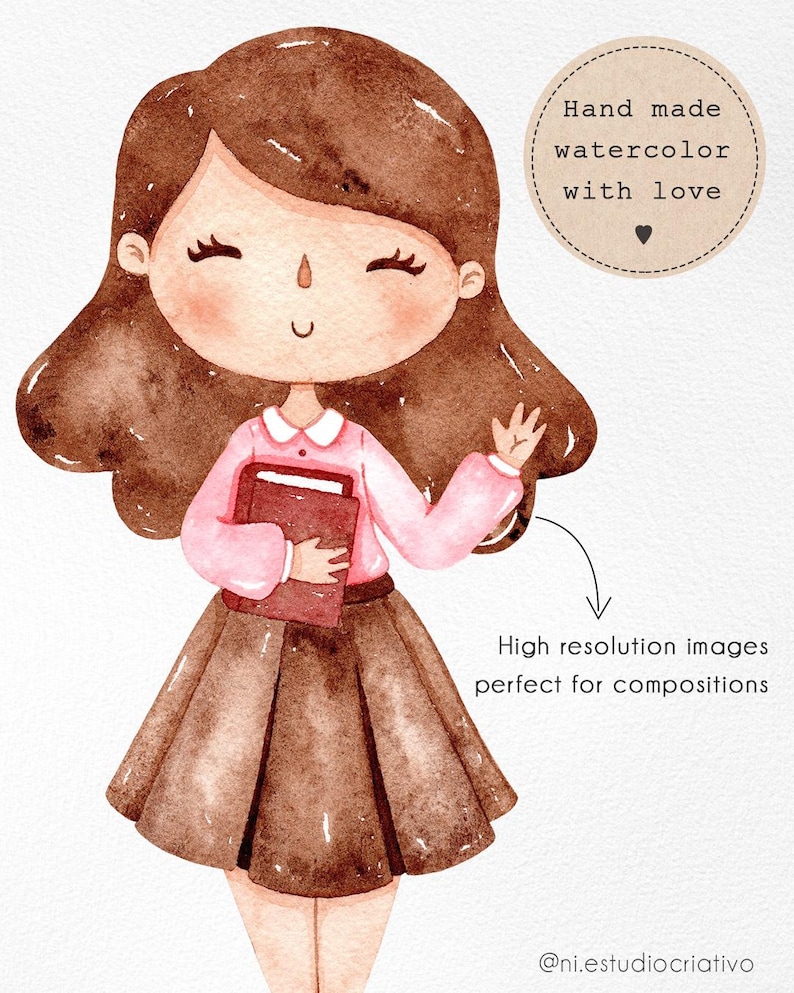 Puede incluir: Ilustraci&oacute;n en acuarela de una ni&ntilde;a de dibujos animados con cabello casta&ntilde;o, vistiendo una camisa rosa y una falda marr&oacute;n, sosteniendo un libro rojo. La imagen incluye el texto "Hand made watercolor with love" y "High resolution images perfect for compositions".