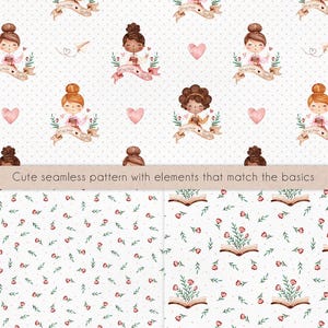 Puede incluir: Un patr&oacute;n sin costuras con ilustraciones de chicas sosteniendo tazas de caf&eacute;, rodeadas de corazones y pancartas. El dise&ntilde;o incluye un fondo punteado y un patr&oacute;n floral con libros abiertos y flores. El texto dice "melhor profe".