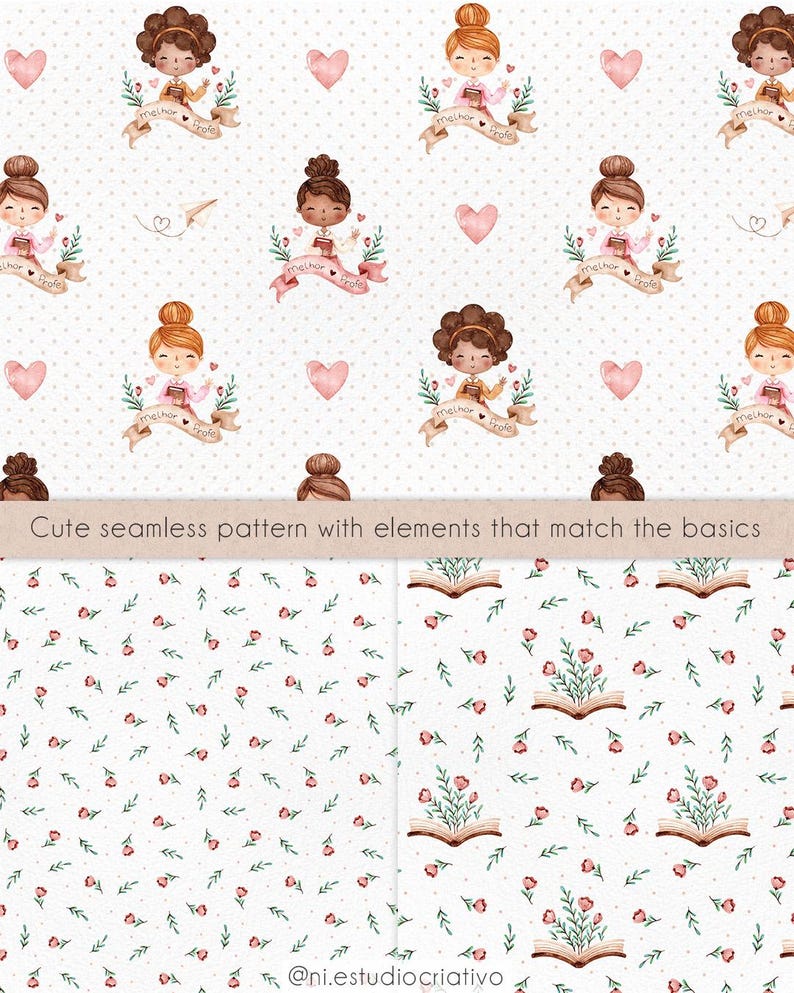 Puede incluir: Un patr&oacute;n sin costuras con ilustraciones de chicas sosteniendo tazas de caf&eacute;, rodeadas de corazones y pancartas. El dise&ntilde;o incluye un fondo punteado y un patr&oacute;n floral con libros abiertos y flores. El texto dice "melhor profe".