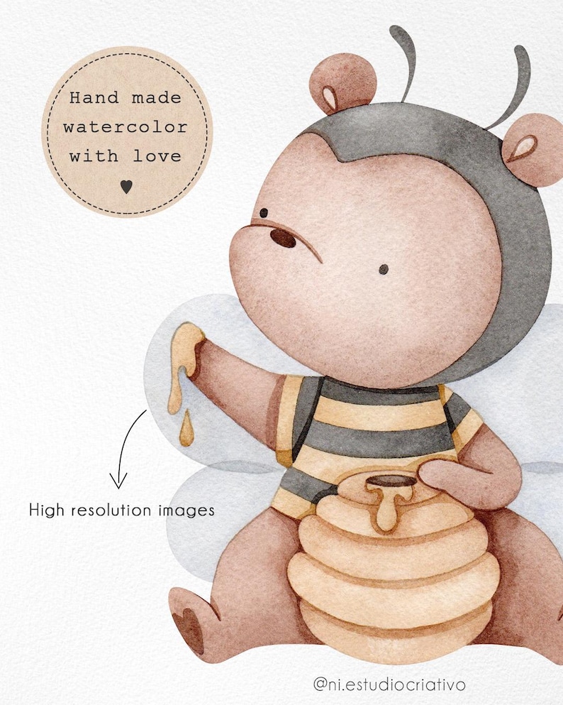 K&ouml;nnte beinhalten: Aquarellillustration eines niedlichen Bienencharakters, der einen Honigtopf h&auml;lt. Die Biene tr&auml;gt ein gestreiftes Hemd und hat einen grauen und braunen Kopf. Das Bild enth&auml;lt den Text "Hand made watercolor with love" und "High resolution images".