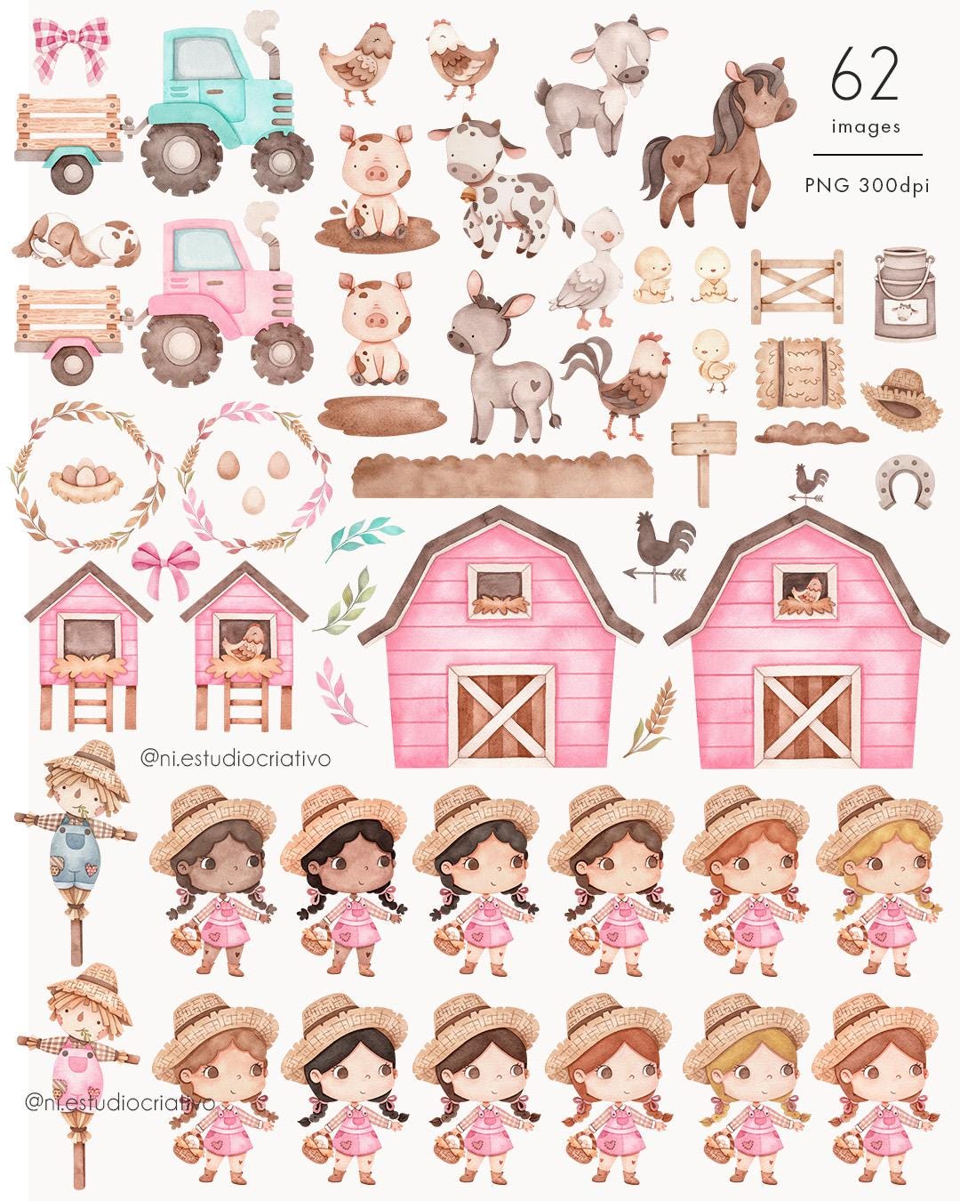 Pink Farm Pattern Little Pink Farm Watercolor Clipart, Farm Animals, Cute Farmer Girl ...
