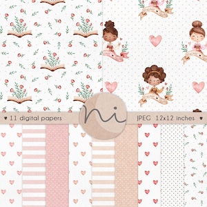 Puede incluir: Conjunto de papeles digitales con diversos patrones. Los dise&ntilde;os incluyen libros abiertos con arreglos florales, profesores de dibujos animados con pancartas, corazones, rayas y lunares. Los papeles son en tonos rosa, blanco y beige. El texto "11 digital papers" y "JPEG 12x12 inches" est&aacute; incluido.