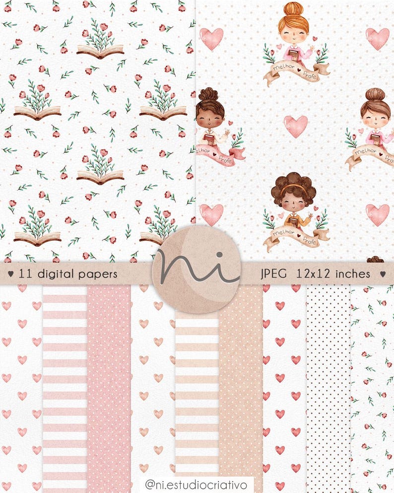 Puede incluir: Conjunto de papeles digitales con diversos patrones. Los dise&ntilde;os incluyen libros abiertos con arreglos florales, profesores de dibujos animados con pancartas, corazones, rayas y lunares. Los papeles son en tonos rosa, blanco y beige. El texto "11 digital papers" y "JPEG 12x12 inches" est&aacute; incluido.