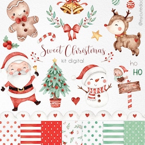 Pode incluir: Ilustrações em aquarela de personagens e padrões natalinos. Inclui um boneco de gengibre, o Papai Noel, uma rena, um boneco de neve, uma árvore de Natal e papéis estampados em vermelho e verde. O texto "Sweet Christmas" também está incluído.